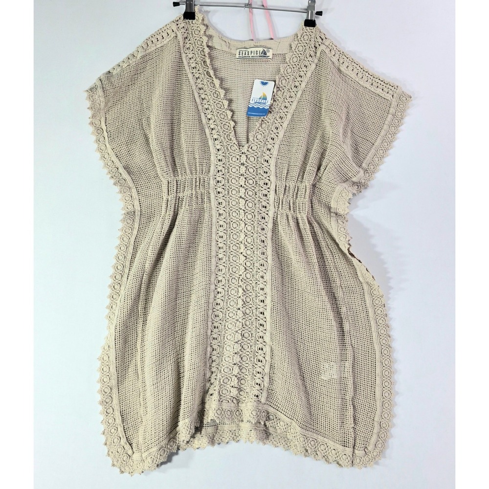 NWT Seaspice Resortwear Crochet Mini Dress Small Baby Beige 100% Peruvian Cotton